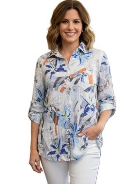 Light Gray Floral Button Blouse w/ Blue Brown Accents and Roll Up Sleeves